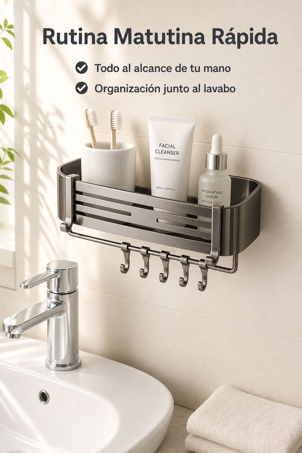 Estante de baño rectangular sin perforación instalado en la pared