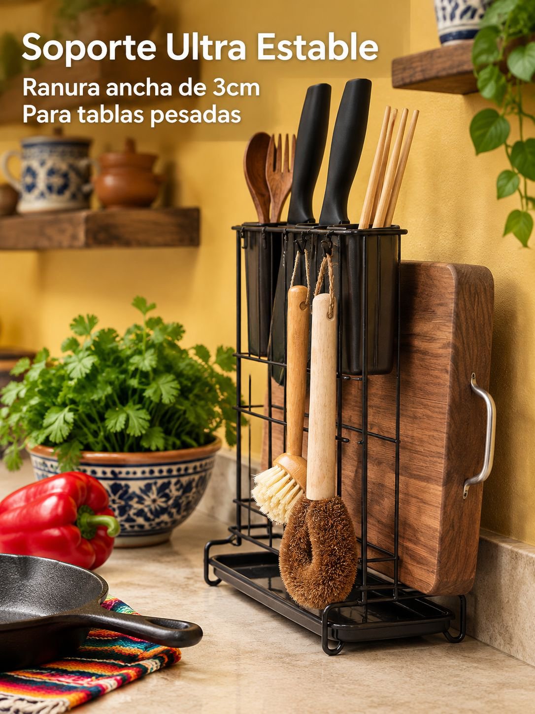 Soporte doméstico para cucharas con tabla de picar