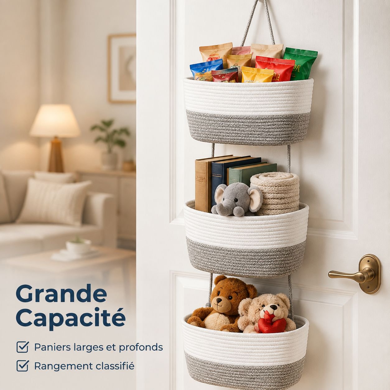 JMY panier suspendu à trois couches panier de rangement tissé en corde de coton