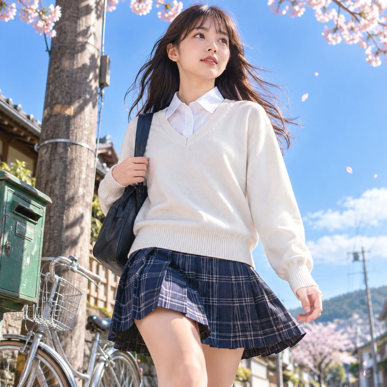 JK制服風プルオーバーセーター（女性用）、和風デザイン、無地Vネックニット、長袖重ね着、ツーピース風デザイン。
