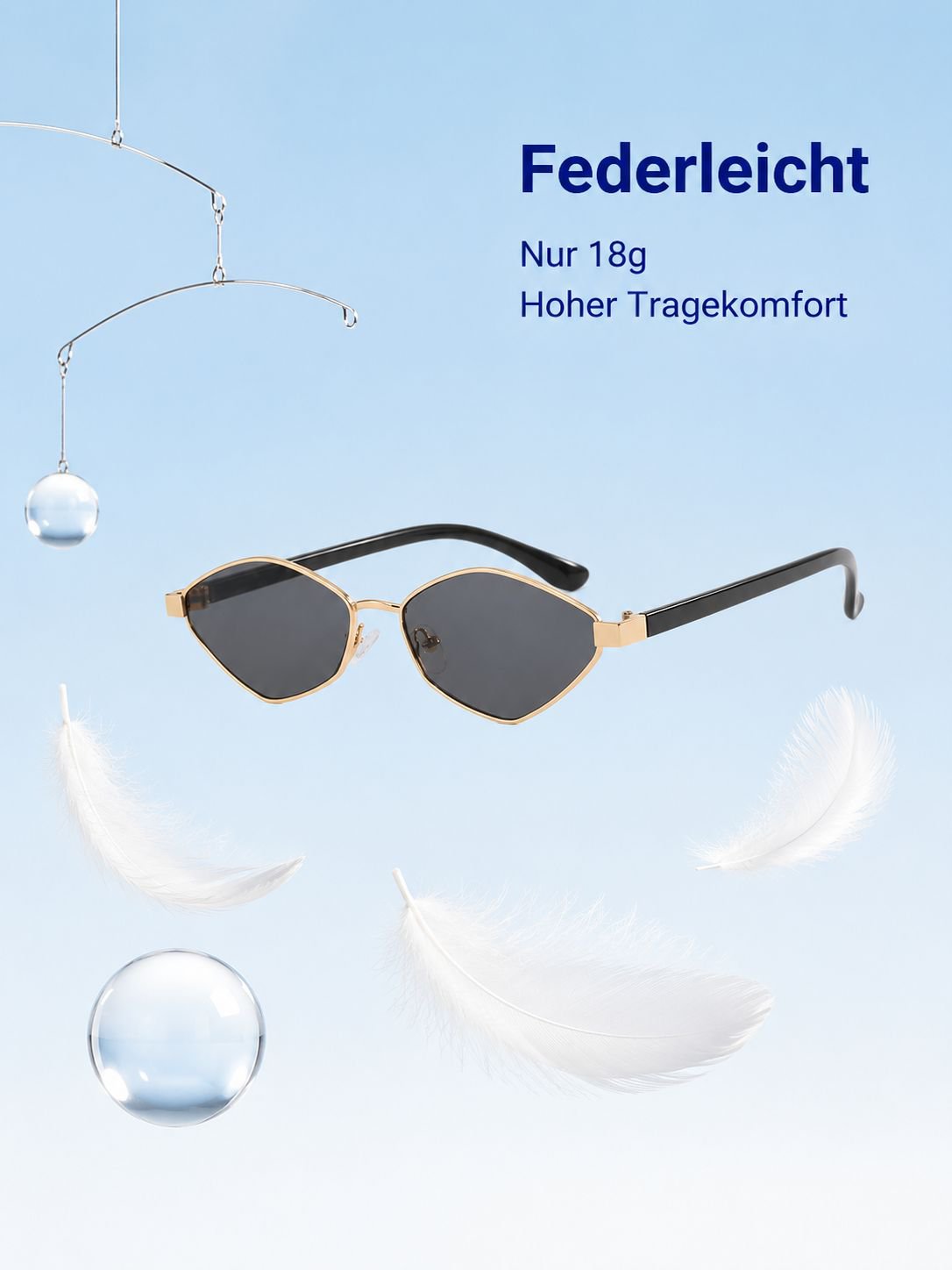 Neue Sonnenbrillenmodelle mit dünner Fassung in diamantförmigem, unregelmäßigem Design
