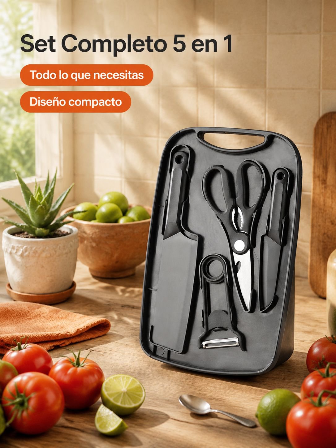 Juego de 5 piezas de cuchillos con tabla de cortar y almacenamiento multifuncional