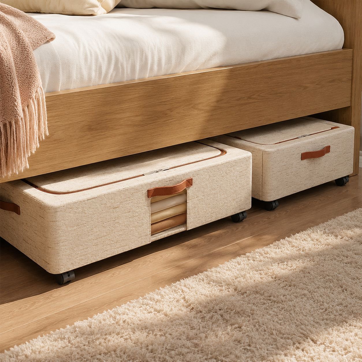 Easy access under-bed organizer for clothes and bedding