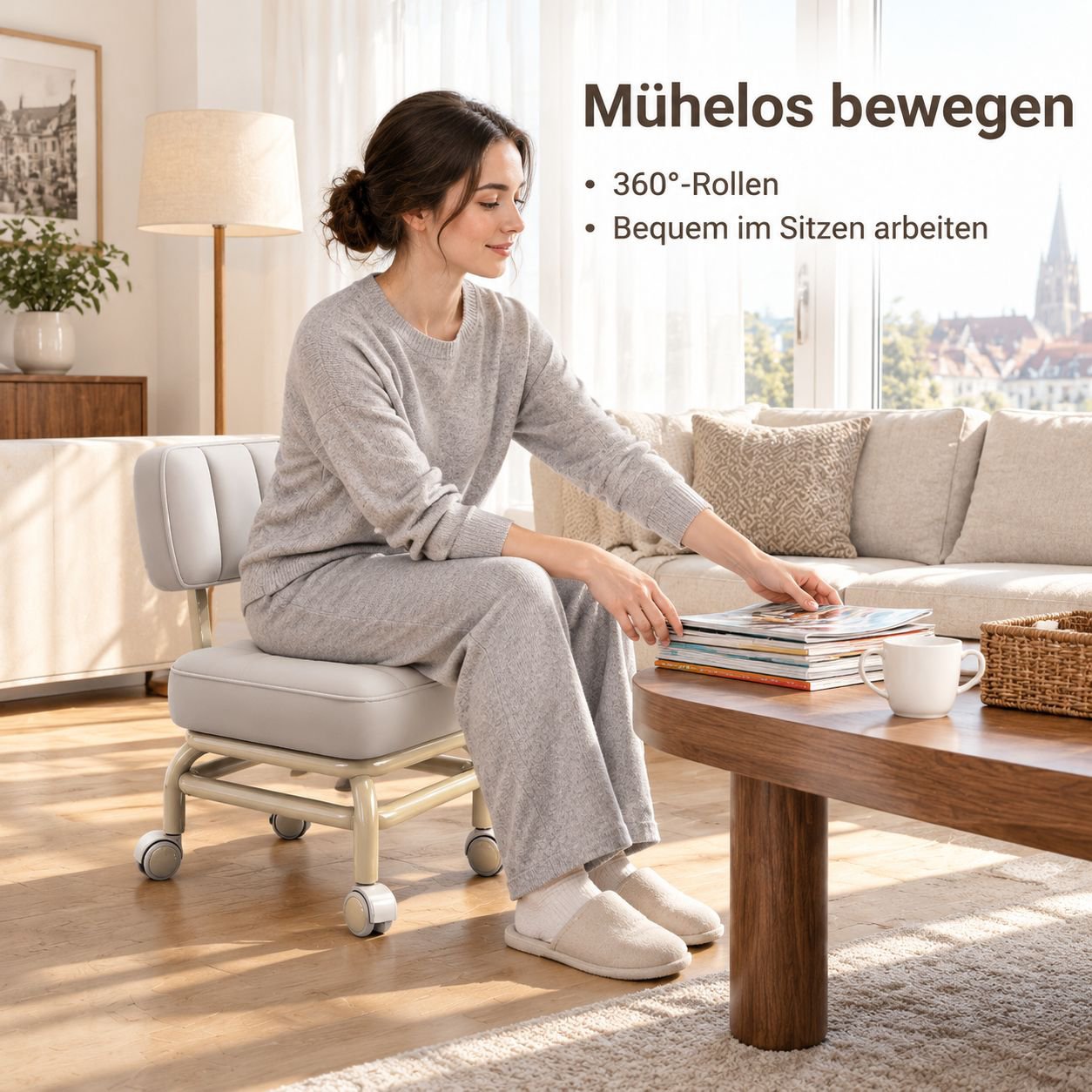 Multifunktionaler weicher Hocker mit Rückenlehne und Rollen für Zuhause