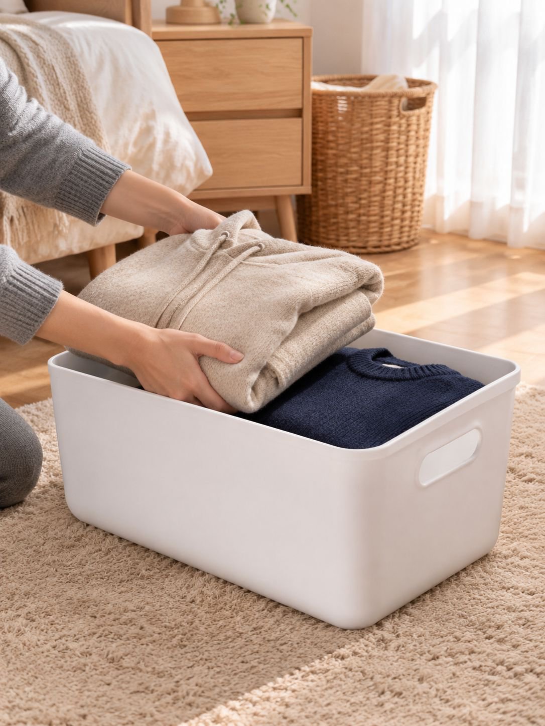 Large plastic storage box with secure lid for household use