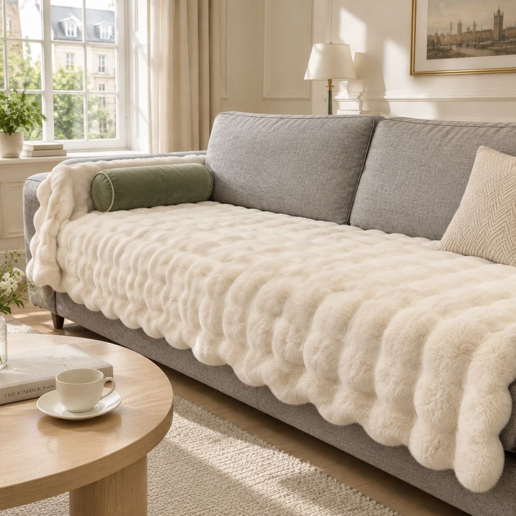 Thick Faux Rabbit Fur Sofa Cover Non-Slip Wavy Edge Couch Slipcover Blanket
