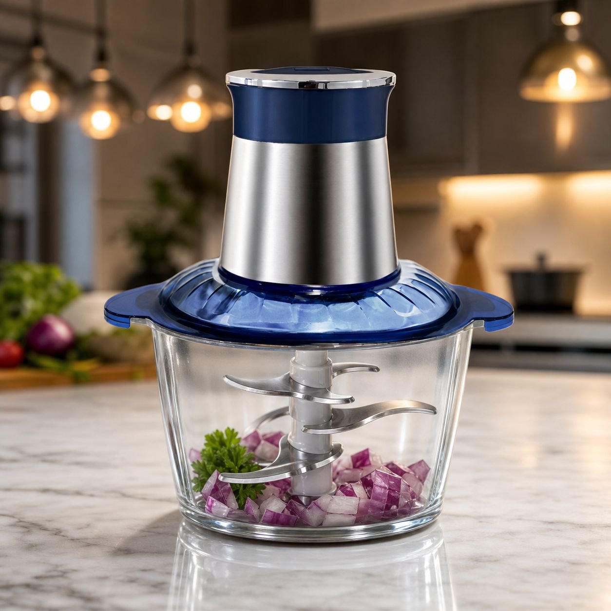 Compact food chopper with stainless steel blades