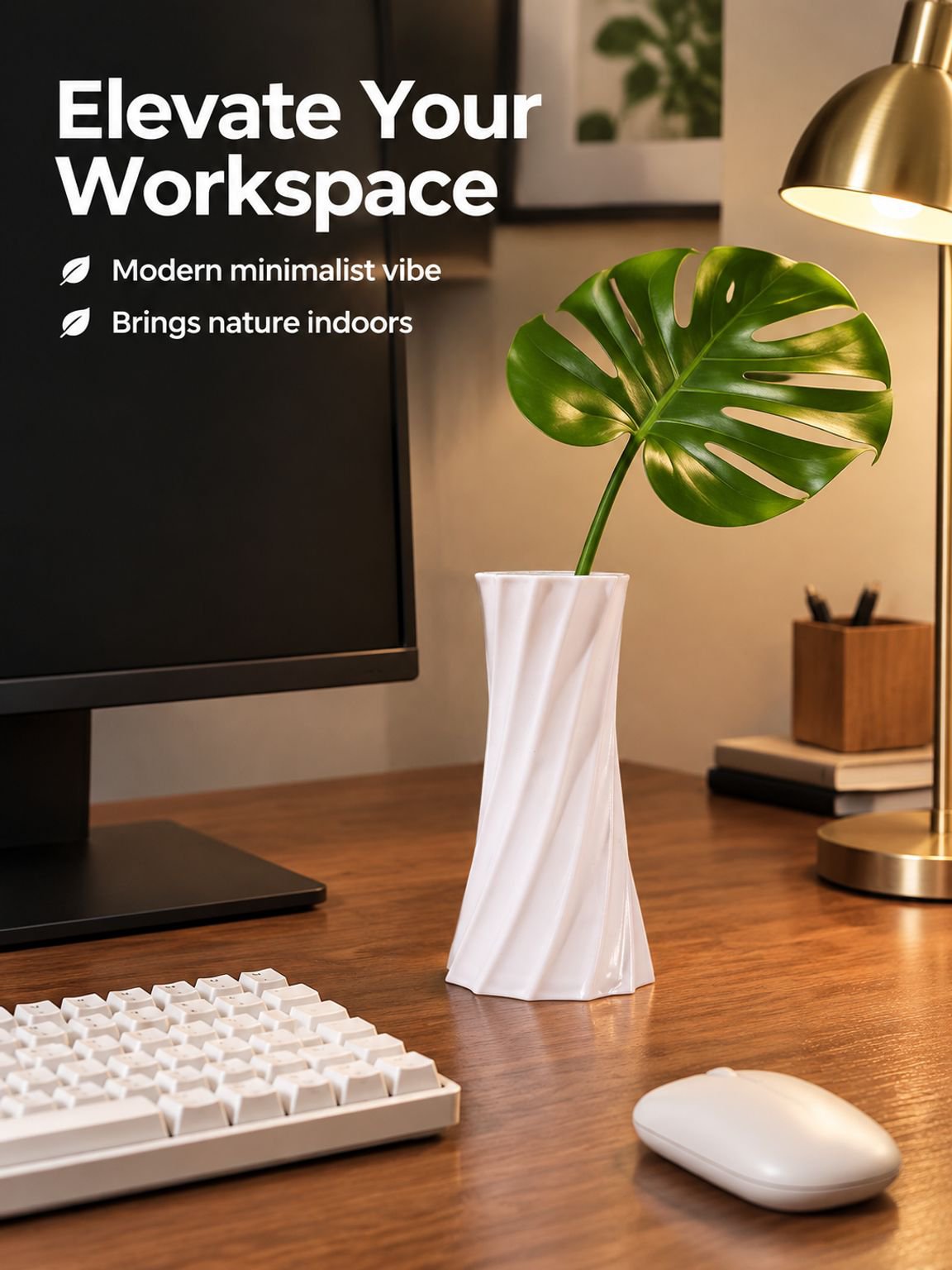 Minimalist plastic floral vase styled as a centerpiece on a modern dining table
