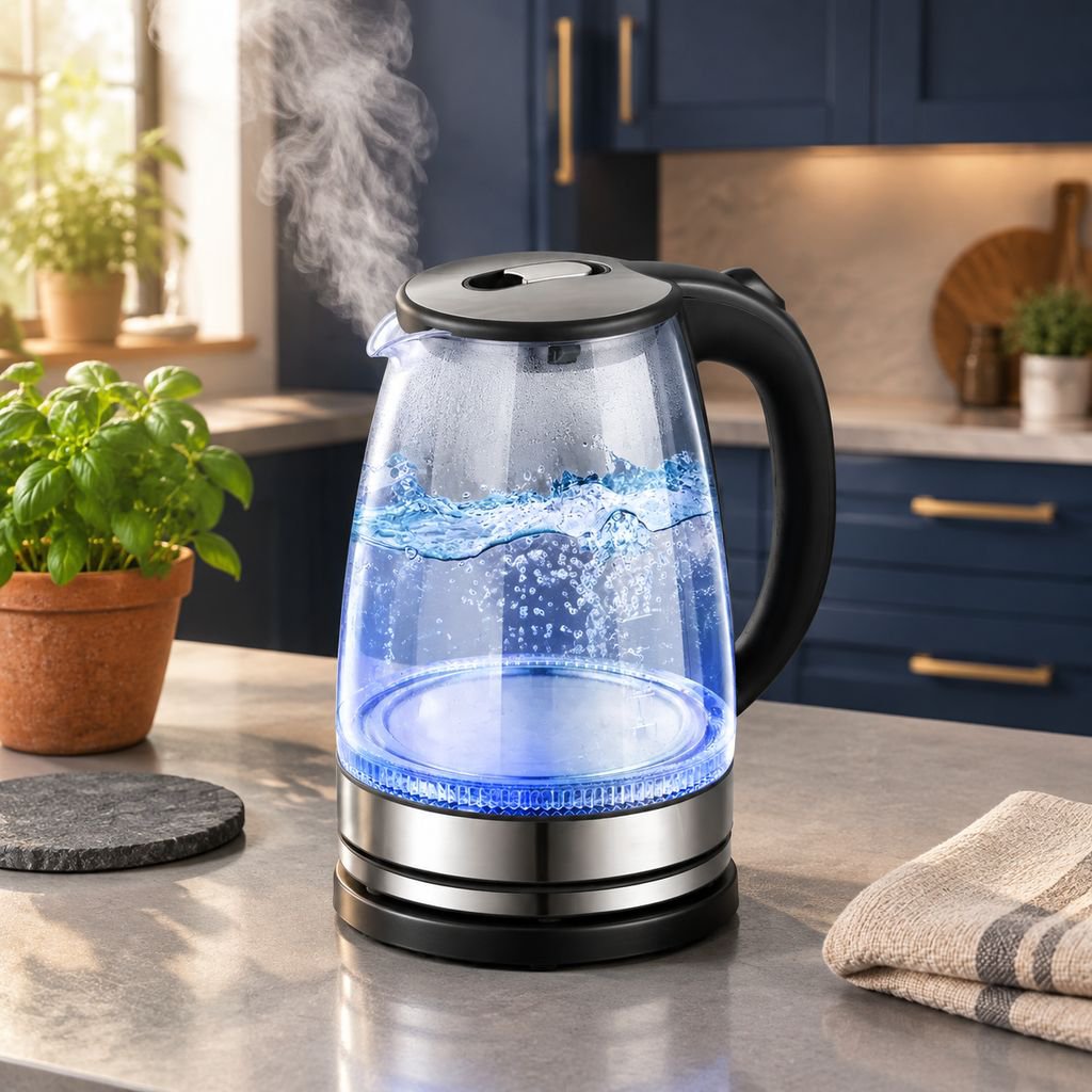 Modern glass kettle boiling water with illuminated LED