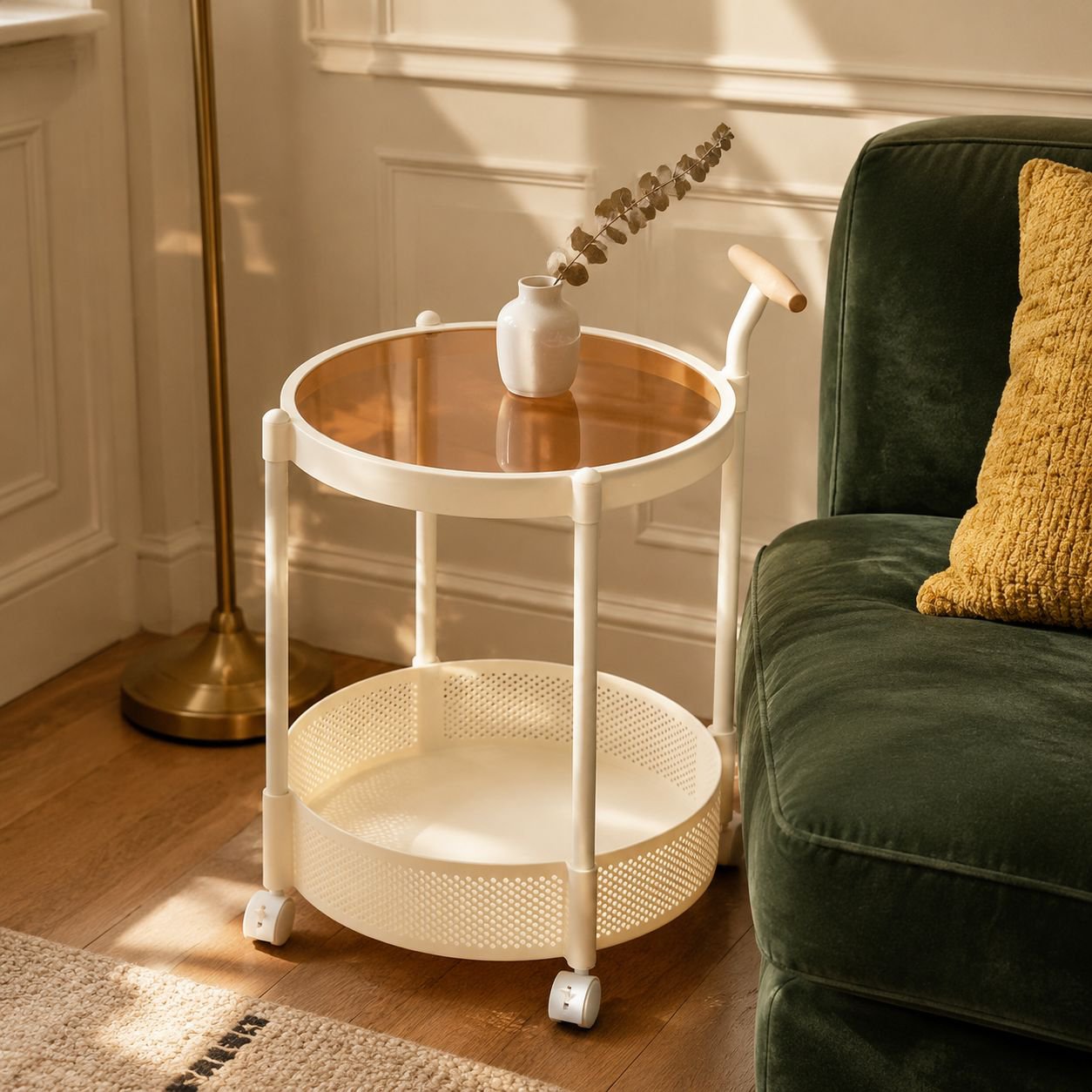 Luxury mobile glass side trolley table in modern living room