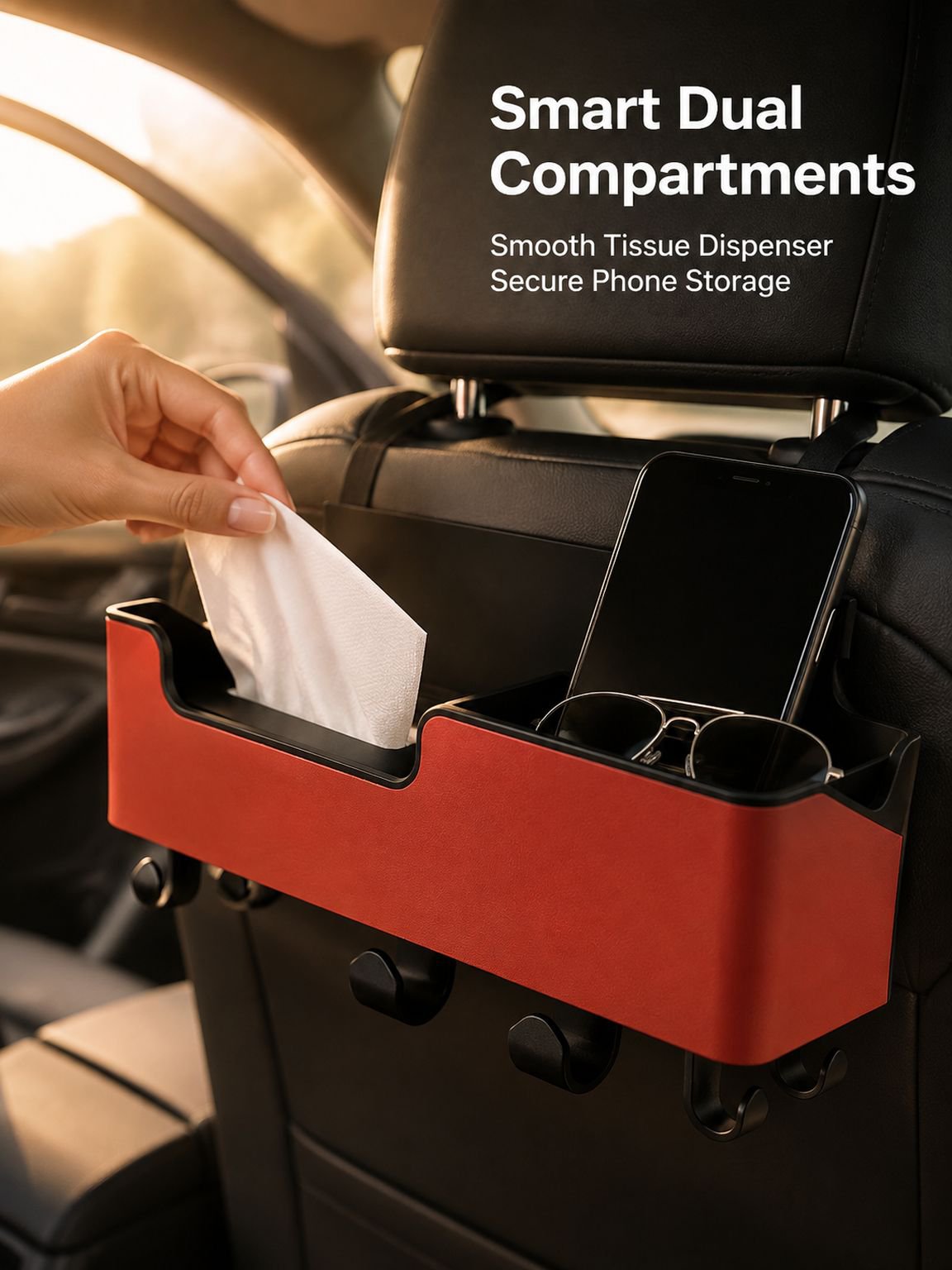 Car tissue box with hooks