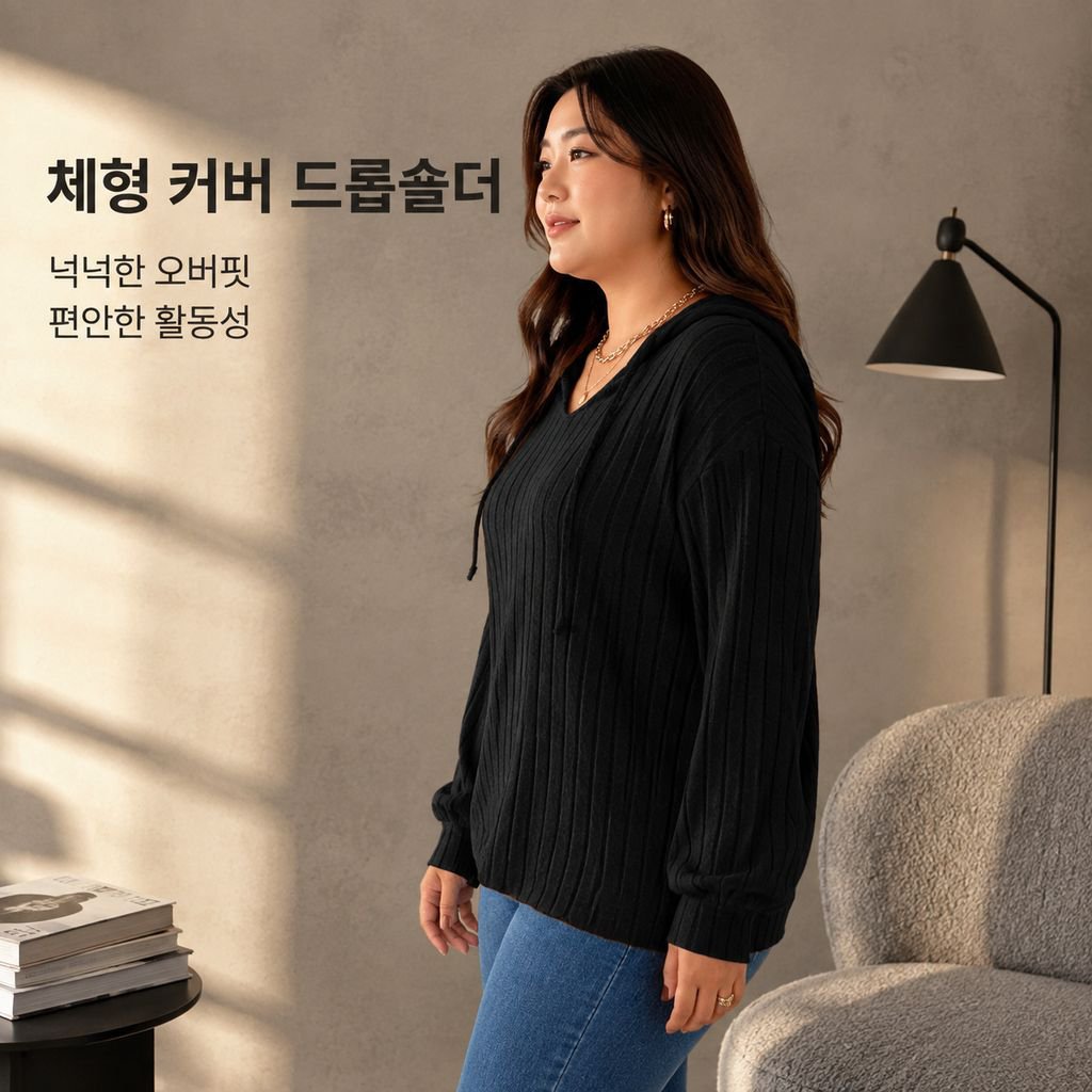 여성용 빅사이즈 베이직 컬러 브이넥 후드 긴팔 티셔츠