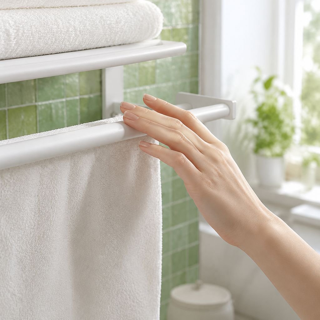 Easy-to-install wall-mounted towel shelf in modern bathroom
