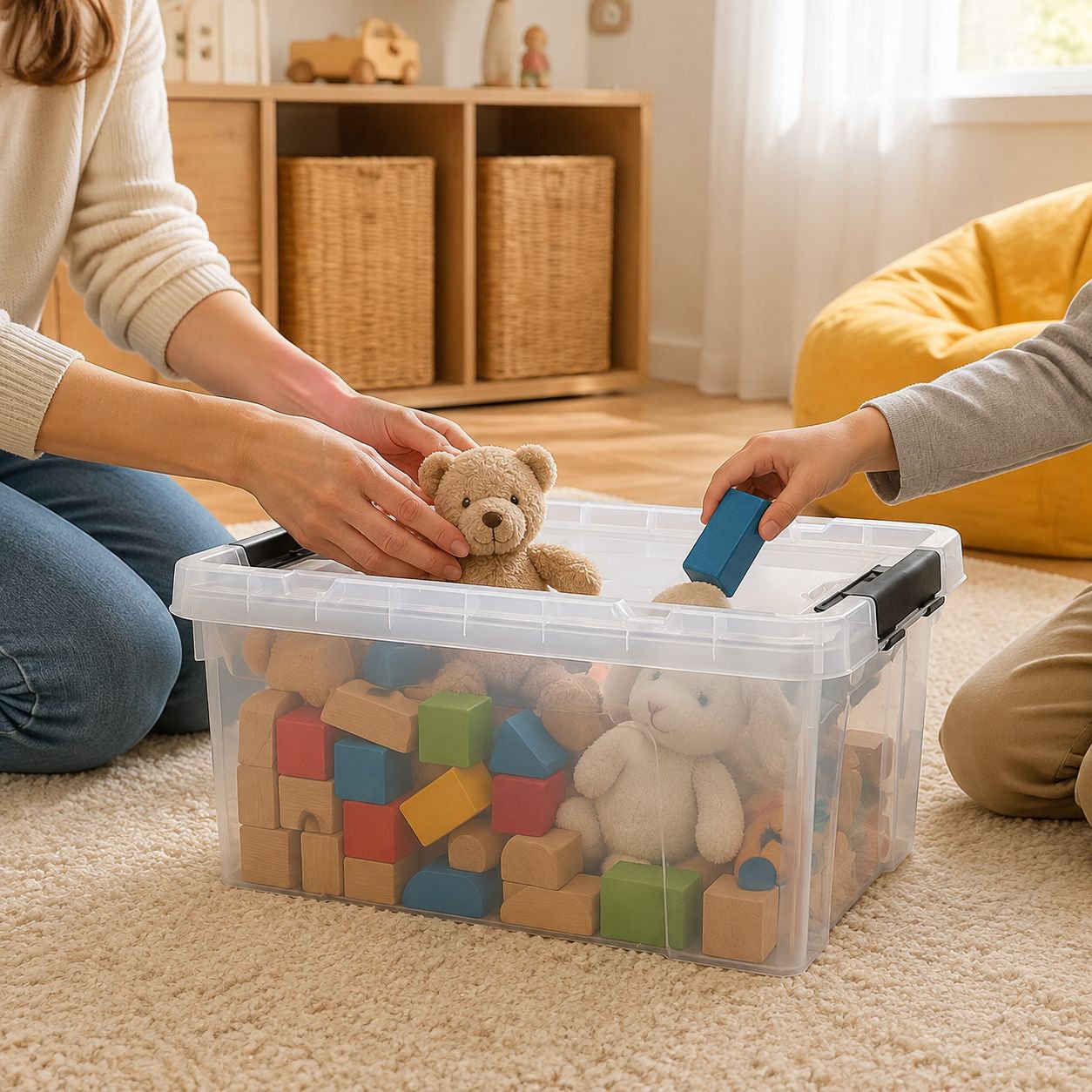 Cajas organizadoras transparentes apiladas en un armario