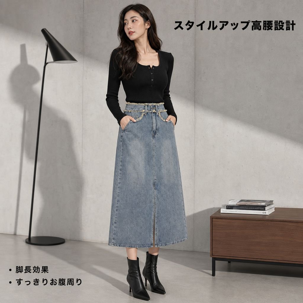 スリムに見せてくれる万能な黒のハイウエストデニムミディスカート