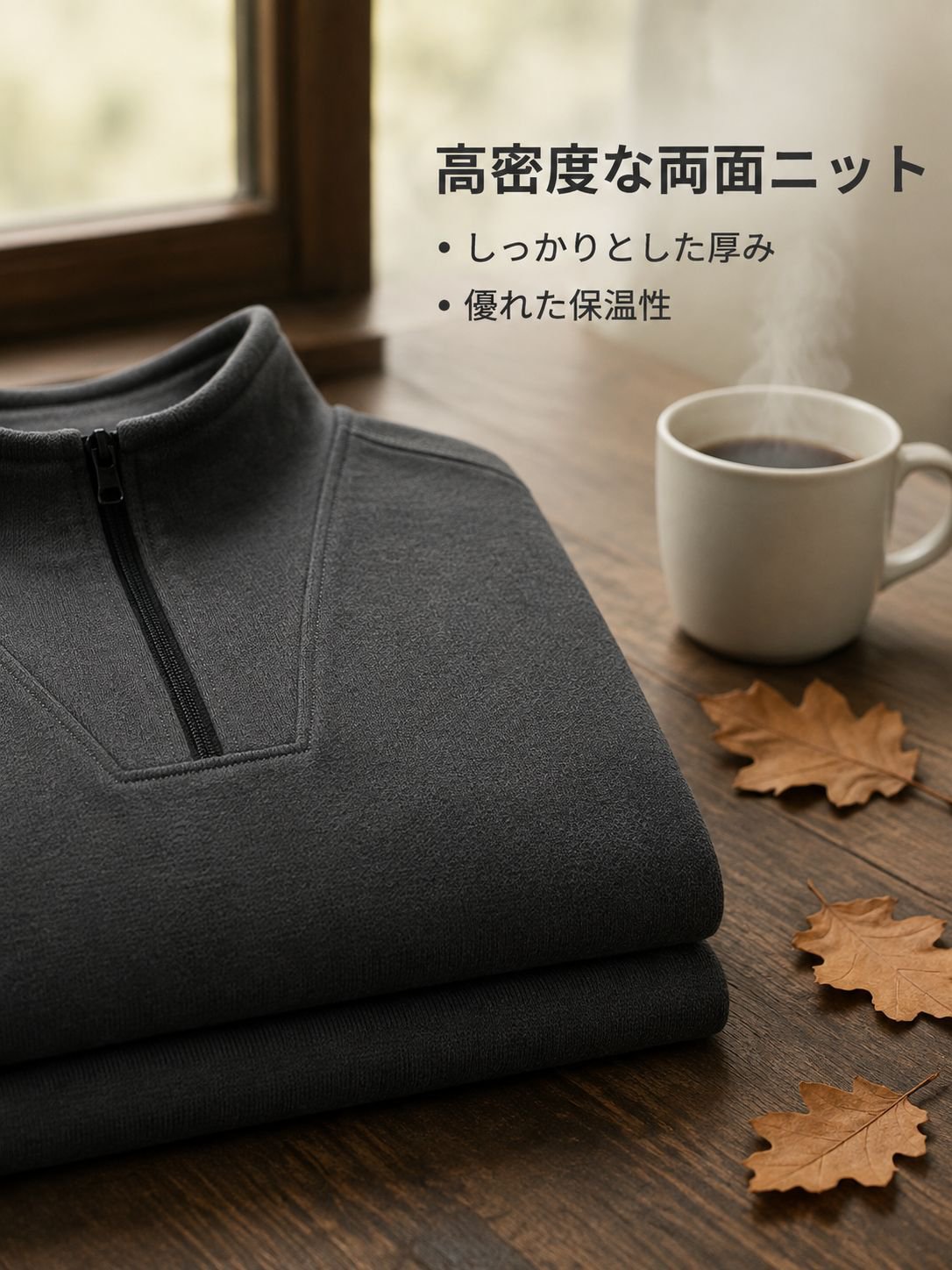 おしゃれなスタンドカラーのメンズハーフジップスウェットシャツ着用イメージ