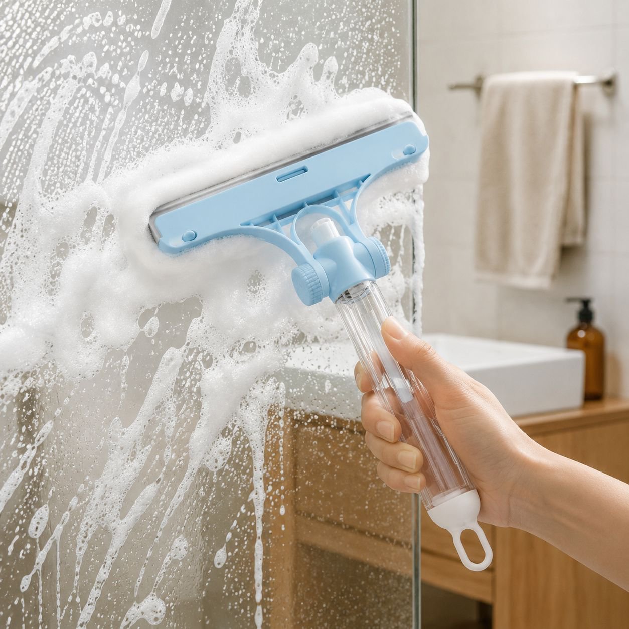 Mopa ergonómica con raspador y botella de spray, diseño de almacenamiento conveniente