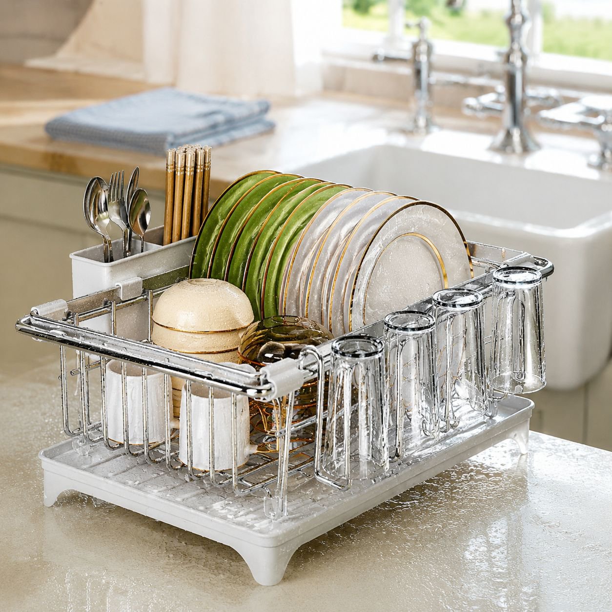 Stainless steel retractable kitchen sink dish rack in use