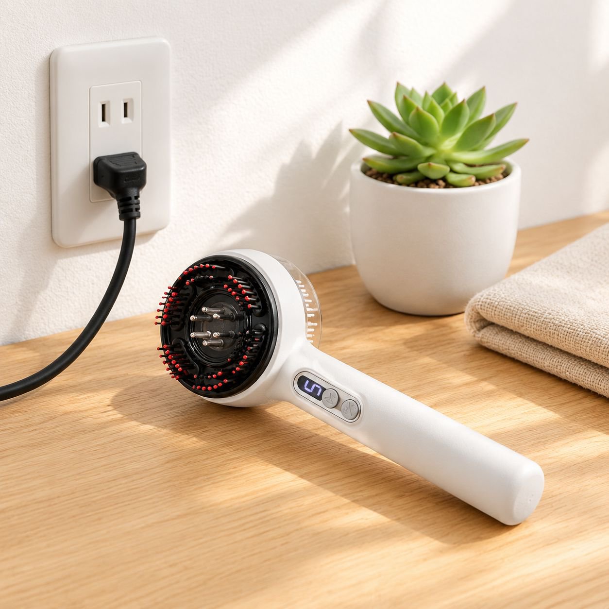 充電式で携帯可能な赤光ヘアマッサージブラシ