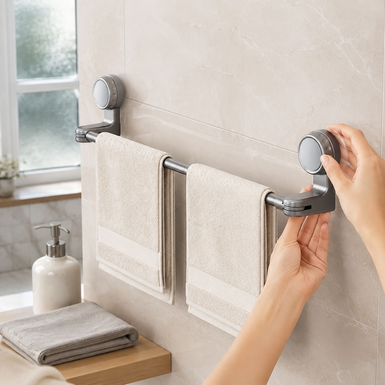 No-Drill Extendable Rotating Towel Holder with Suction Cup mounted on bathroom wall