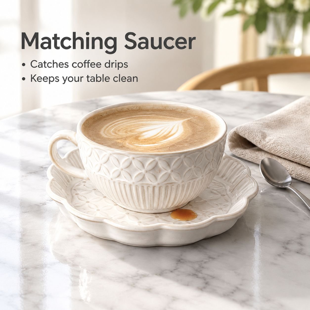 French-style embossed coffee cup and saucer set