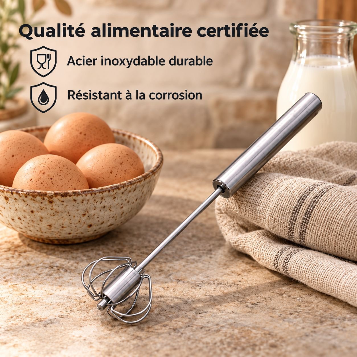 Fouet Semi-Automatique à Pression en Inox pour Crème et Pâtisserie Maison