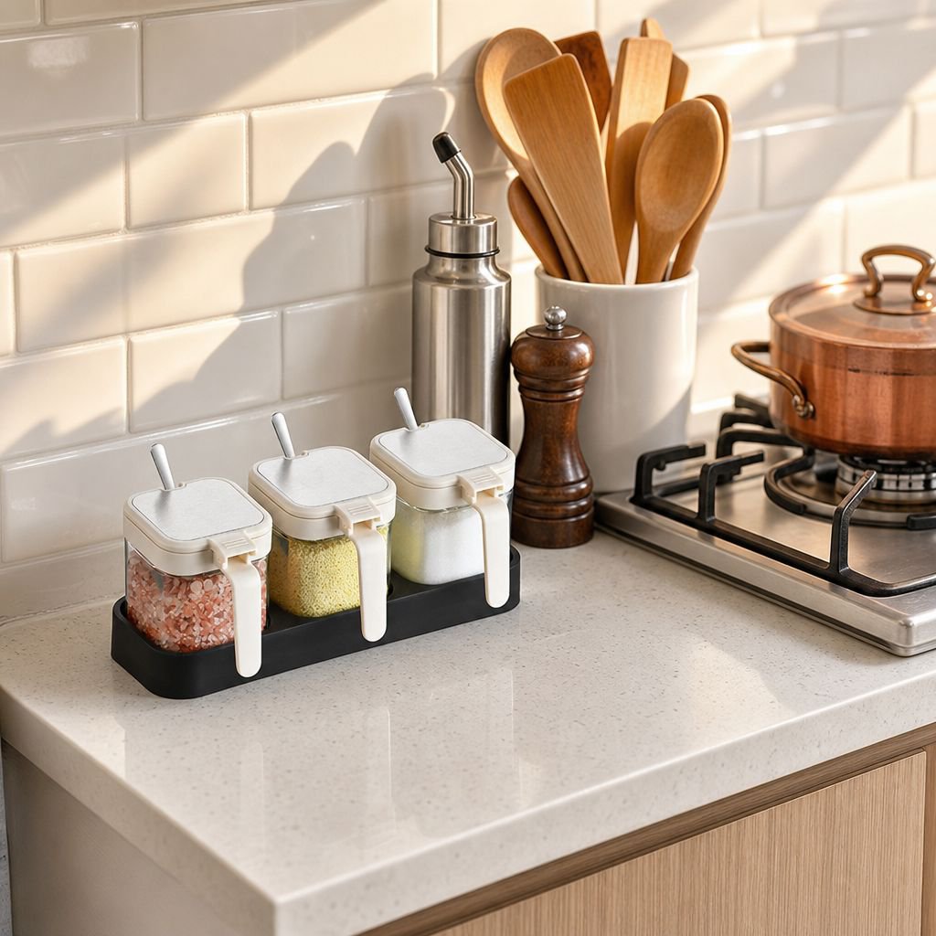 Conjunto de frascos de vidrio con cucharas para cocina ordenada