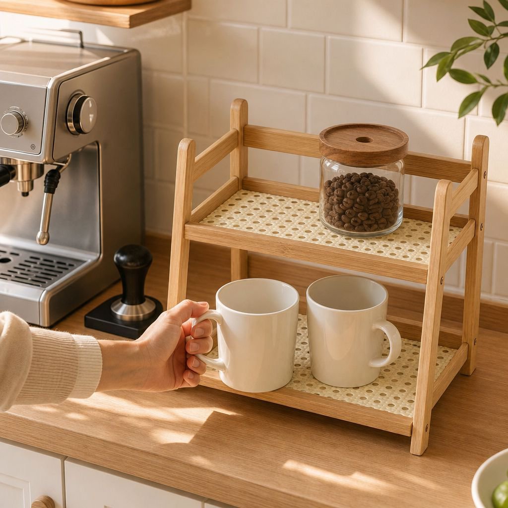 Cream-colored multifunctional bedside shelf, rattan style, suitable for home kitchen
