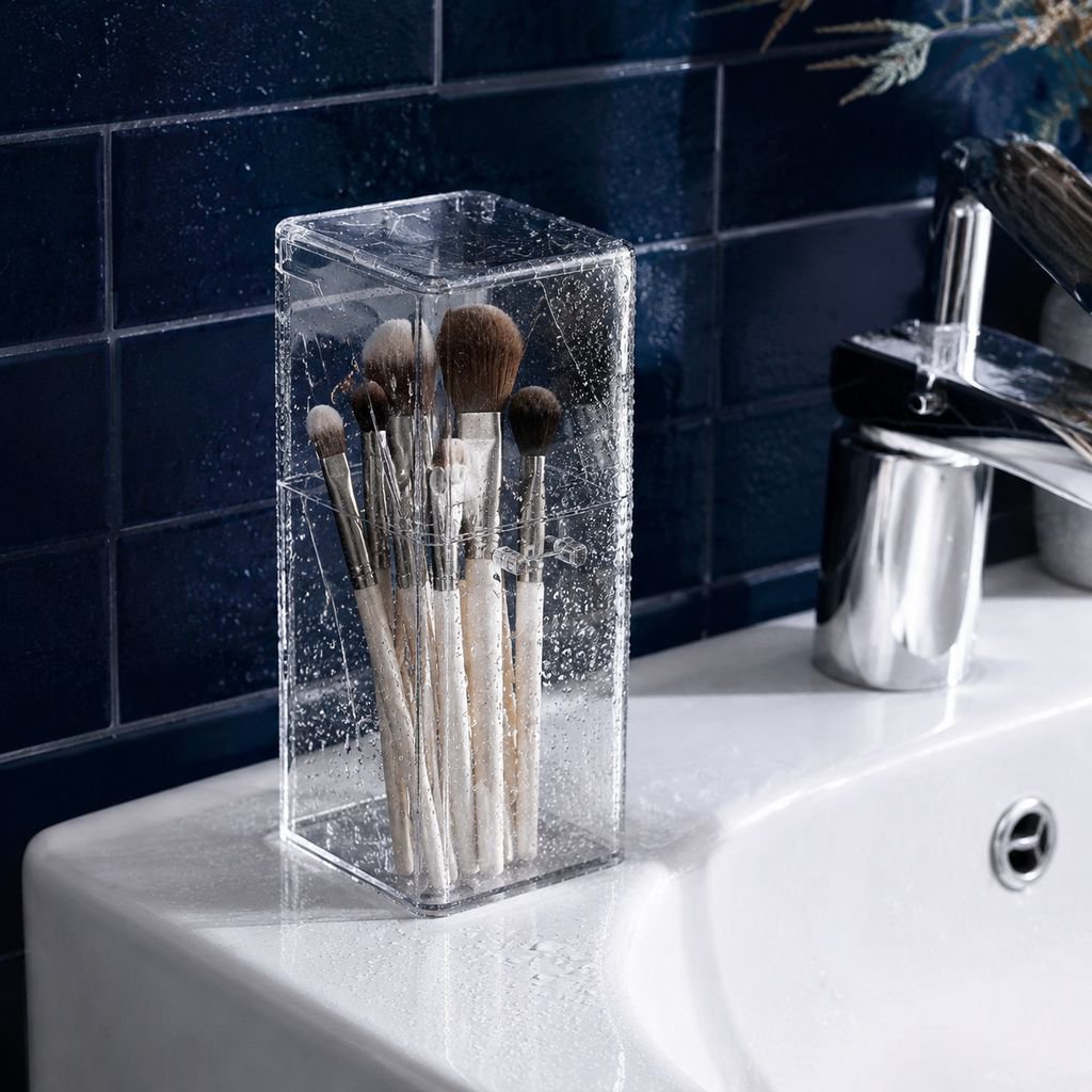 Transparent Square Makeup Brush Storage Box with Mirror, Flip Top Acrylic Desk Organizer