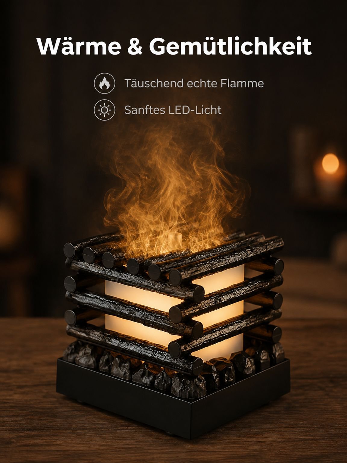 Kreativer Holzhaus-Flammen-Luftbefeuchter, USB-Aromadiffusor für den Schreibtisch