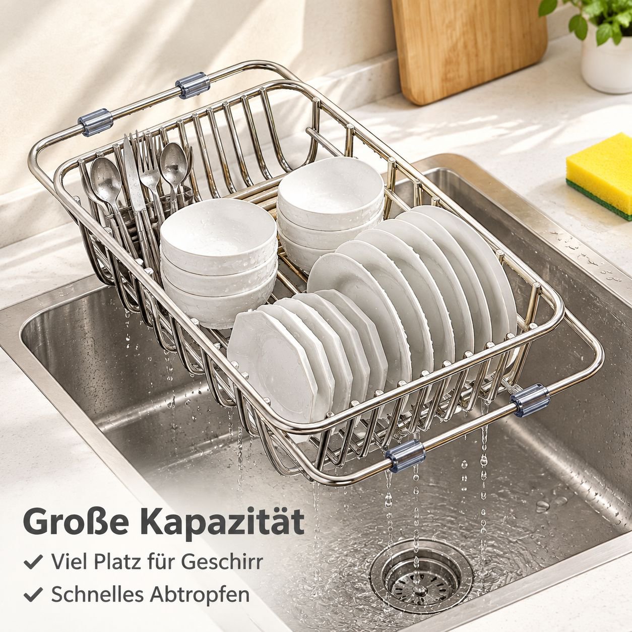 Edelstahl Abtropfkorb für Spülbecken Ausziehbar Geschirrständer Küchenregal