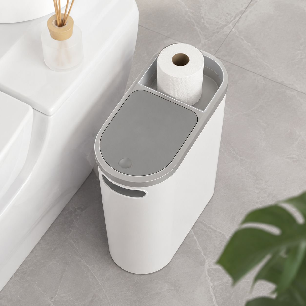 Narrow garbage bin for bathroom or office