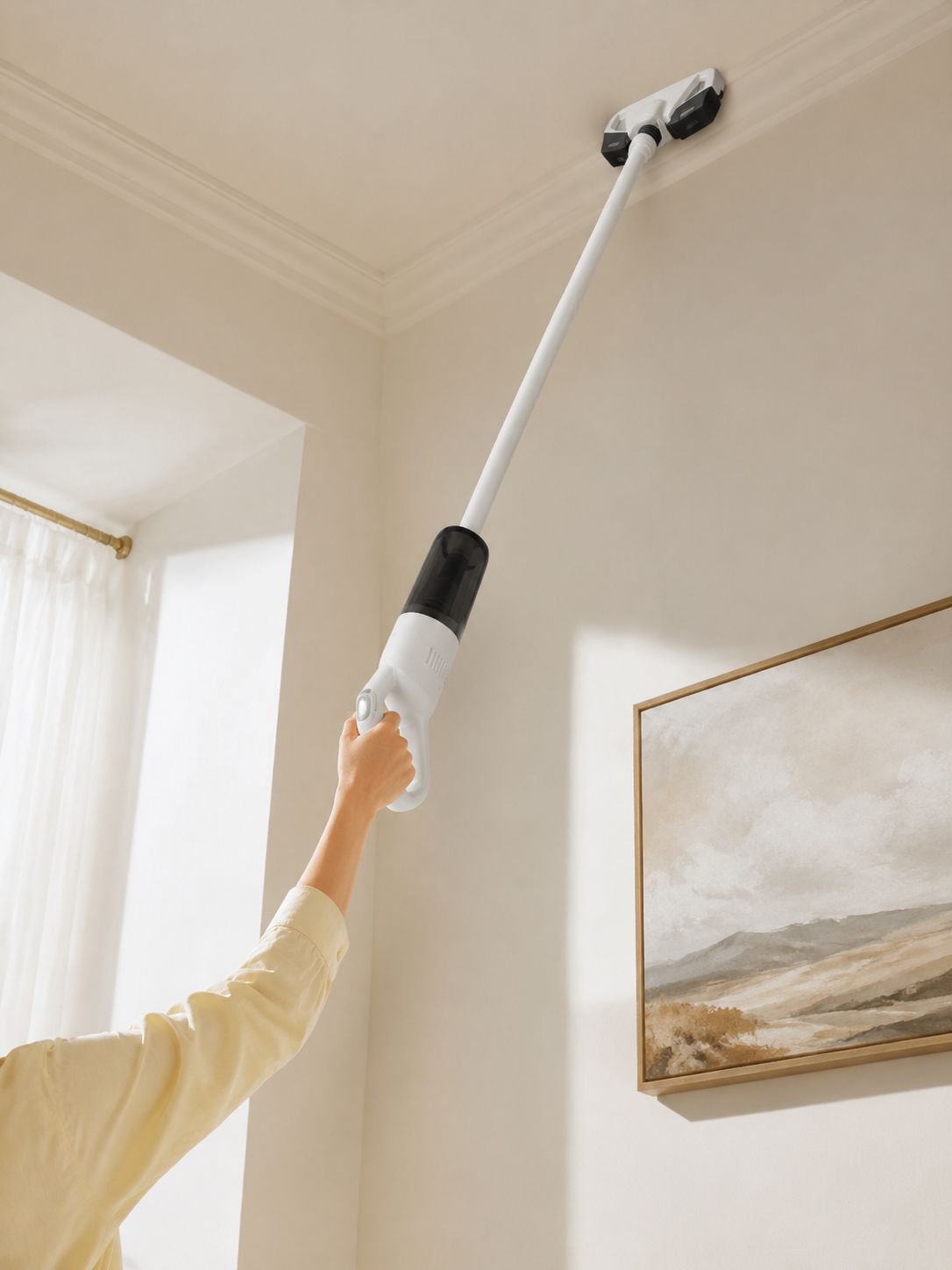 Cordless vacuum removing pet hair from carpet