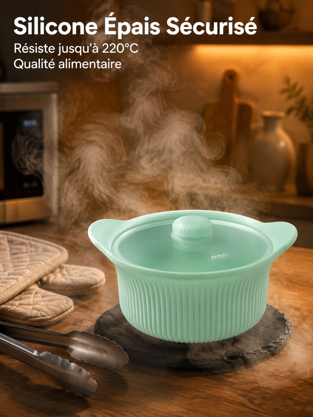 Cuiseur à vapeur multifonction en silicone pour micro-ondes, conception à trois compartiments
