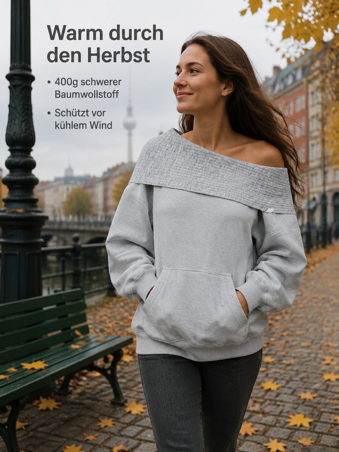 Amerikanischer Oversize Hoodie Damen Grau mit schräger Schulter, Streetwear im Dystopie-Stil