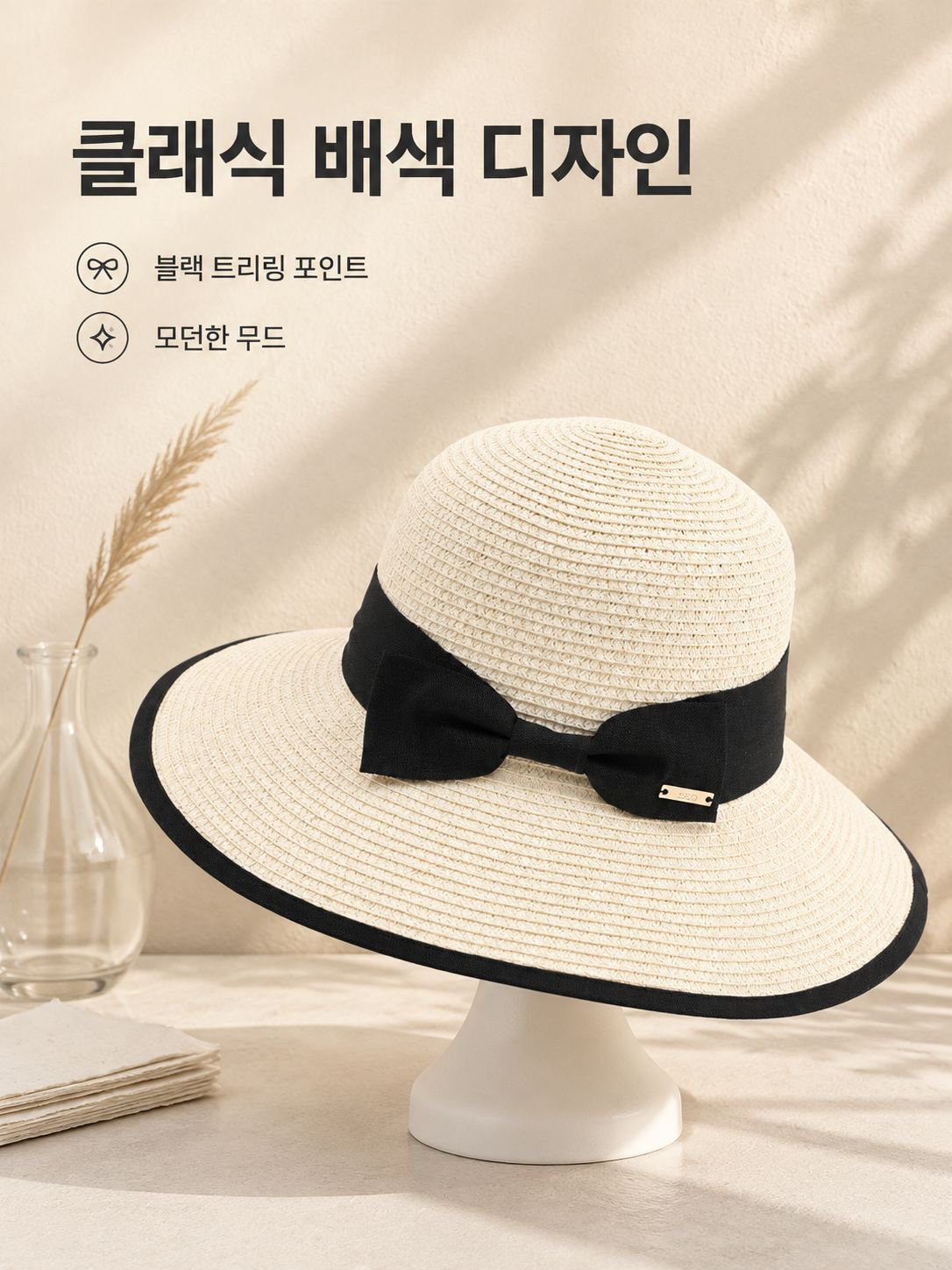 리본이 달린 넓은 챙의 밀짚모자
