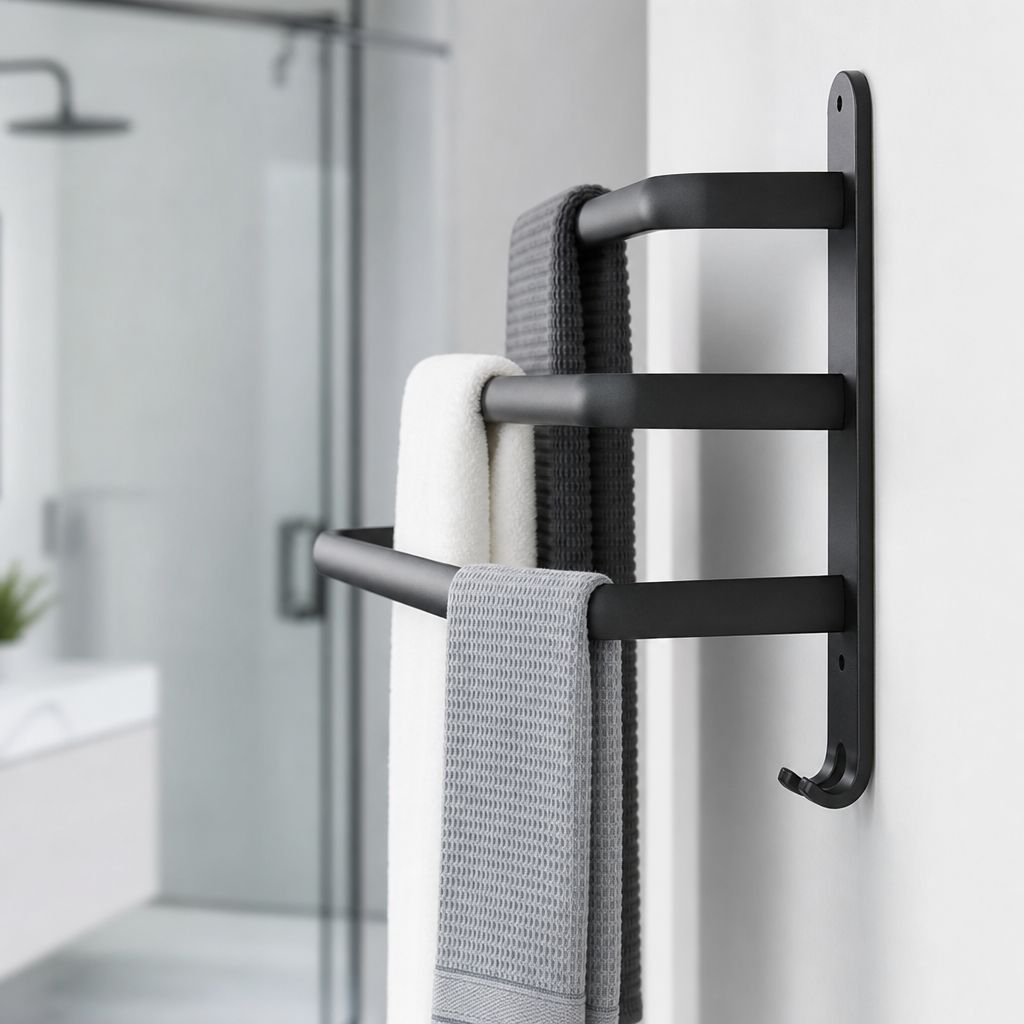 Easy installation towel rack with shelf in bathroom