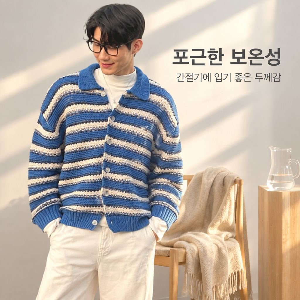남성용 블루 앤 화이트 줄무늬 카라 니트 가디건 가을 시즌 너플한 멋이 있는 스웨터 상의