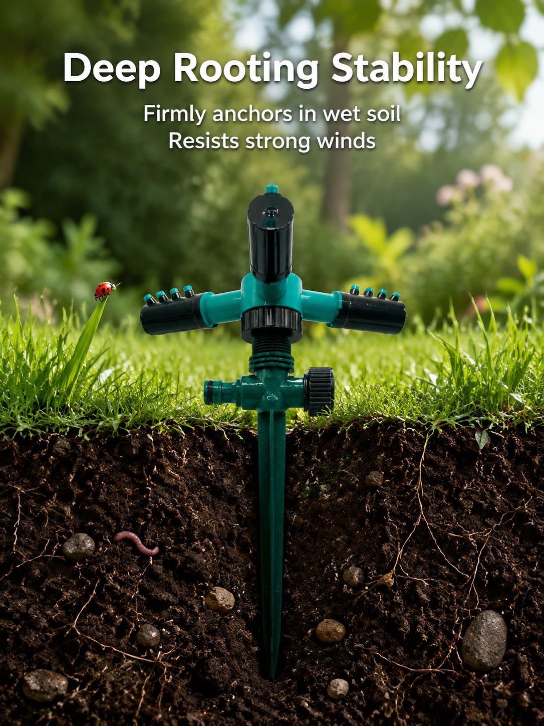 Durable plastic construction of the triple-head sprinkler
