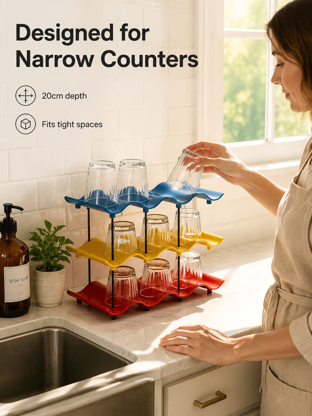 Space-saving cup organizer shelf with stylish wave design
