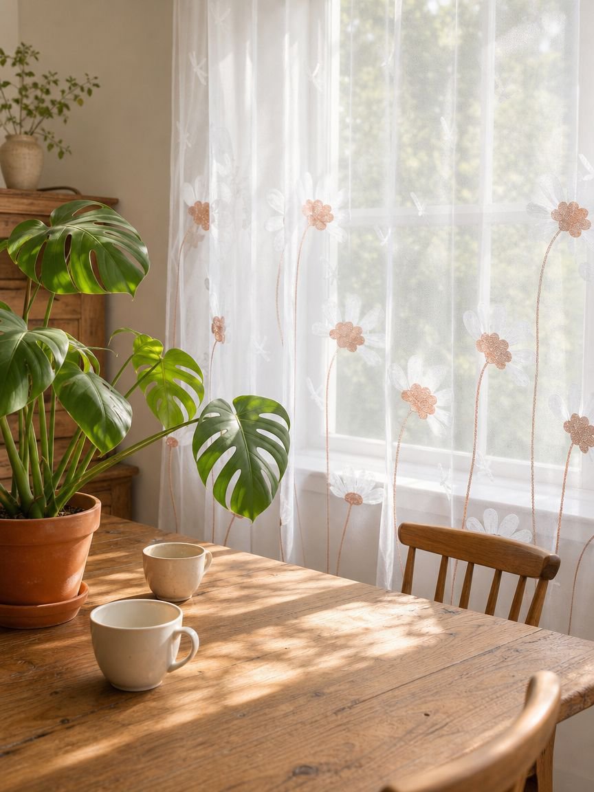 Wohnzimmer Gardine mit hochwertiger Stickerei und Lichtdurchlässigkeit
