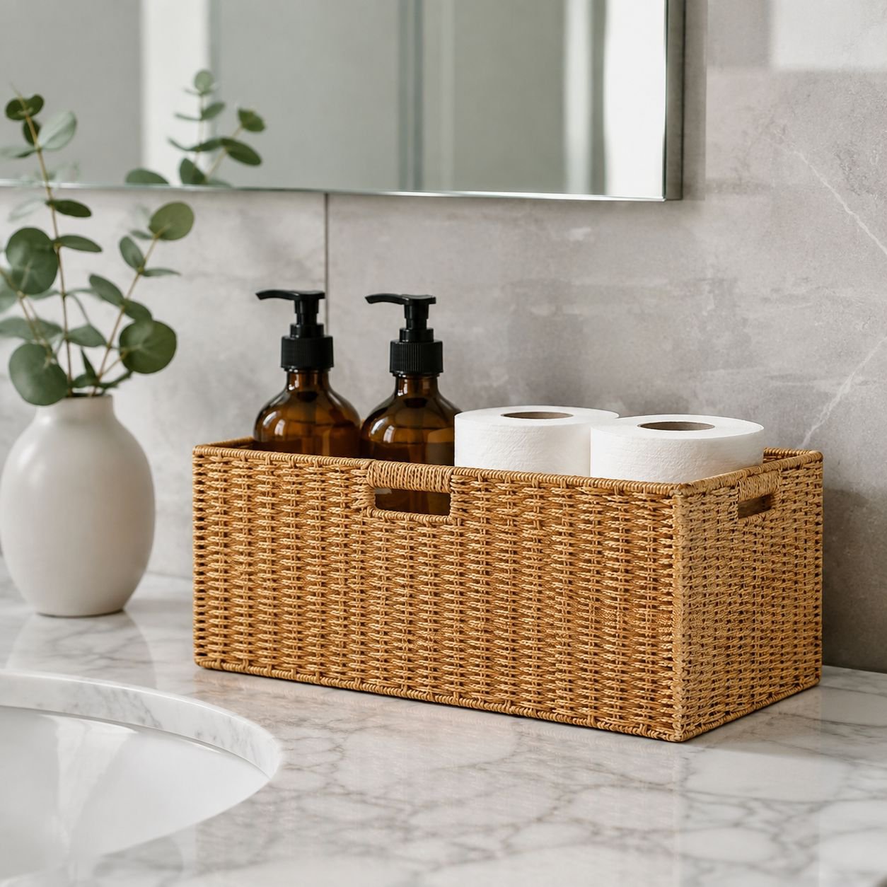 Iron Frame Storage Basket with Handle, Round and Rectangular Paper Rope Braided Basket