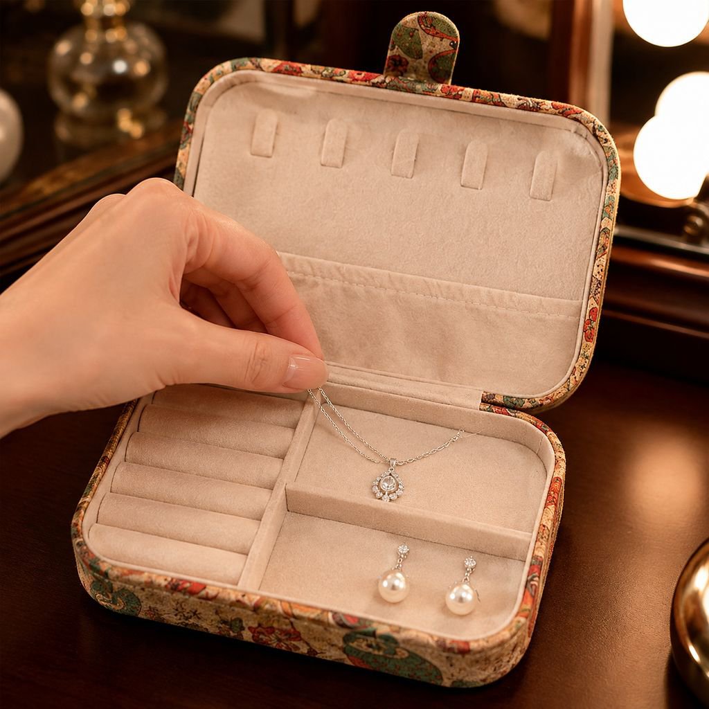 Elegant retro jewelry organizer on dressing table
