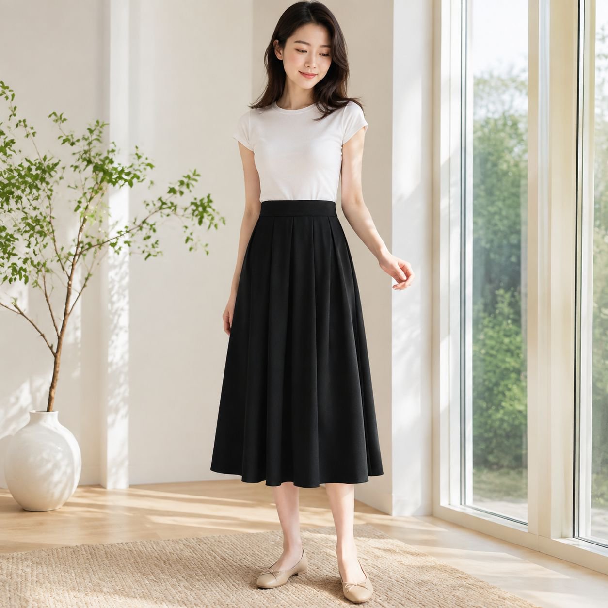夏・ハイウエスト 小柄さん向けプリーツAラインスカート 黒 ミディ丈