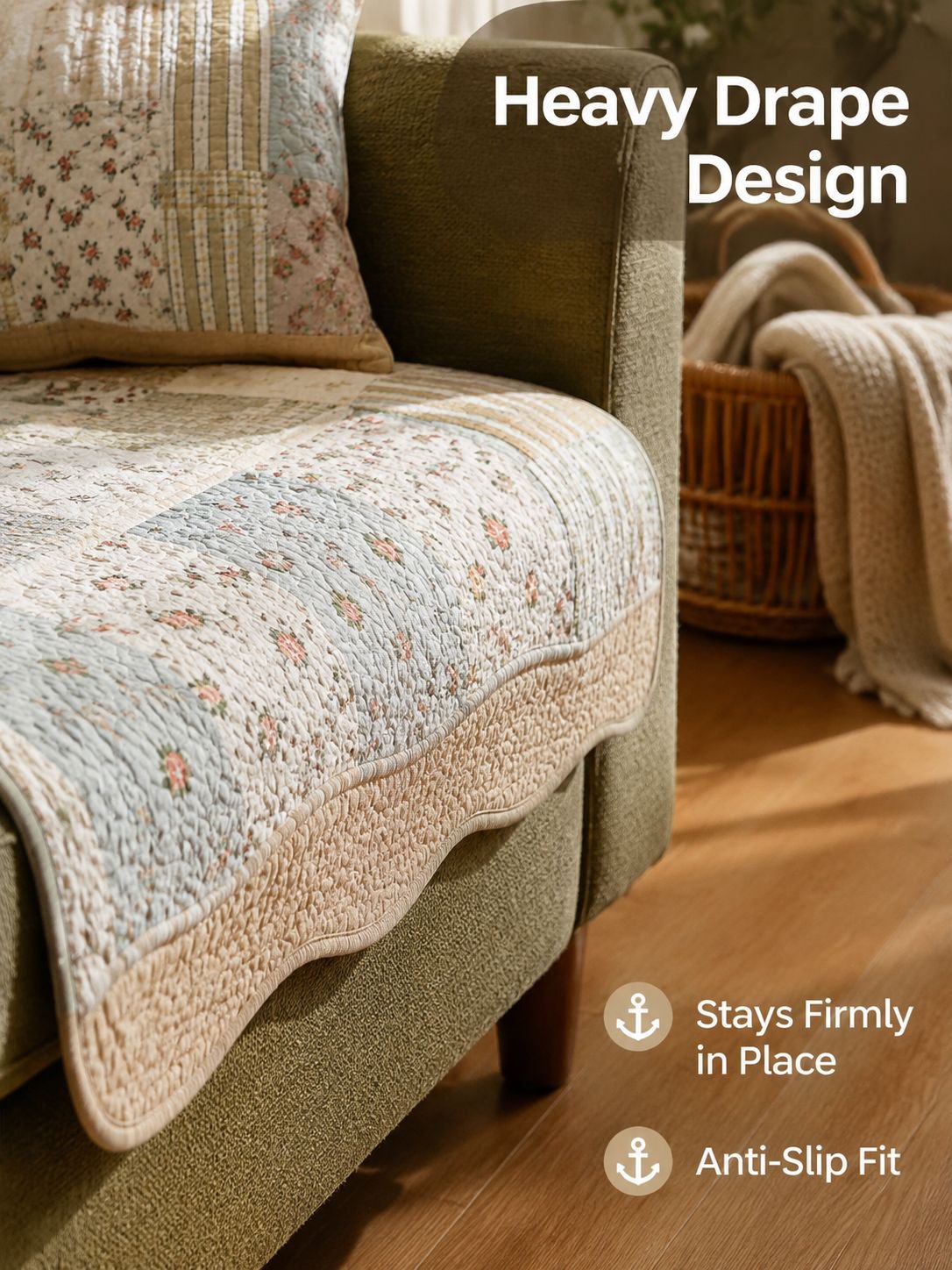 Farmhouse-style sofa with decorative cotton cushions for comfort