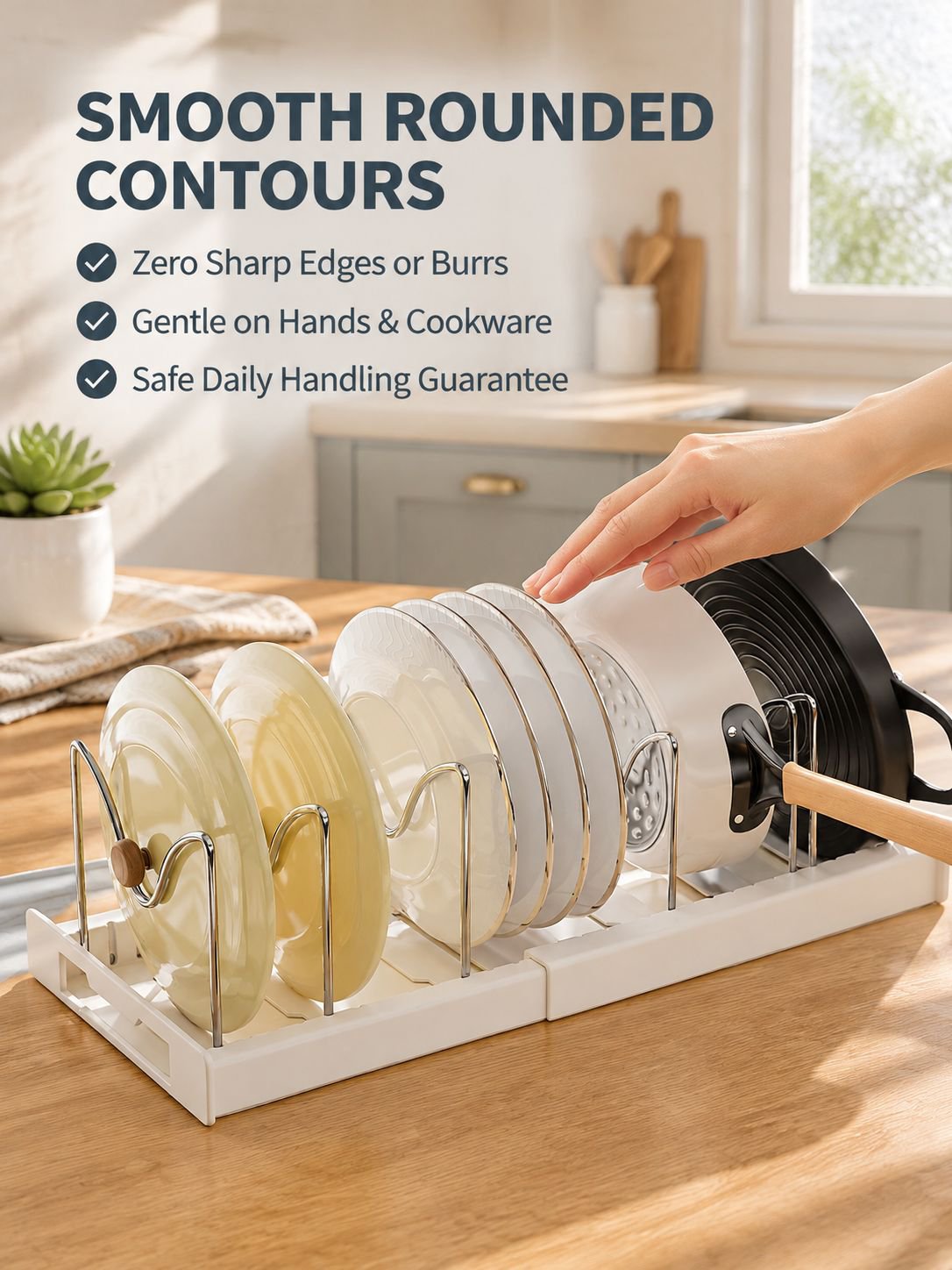 Stainless steel rack organizing pot lids, pans, and cutting boards