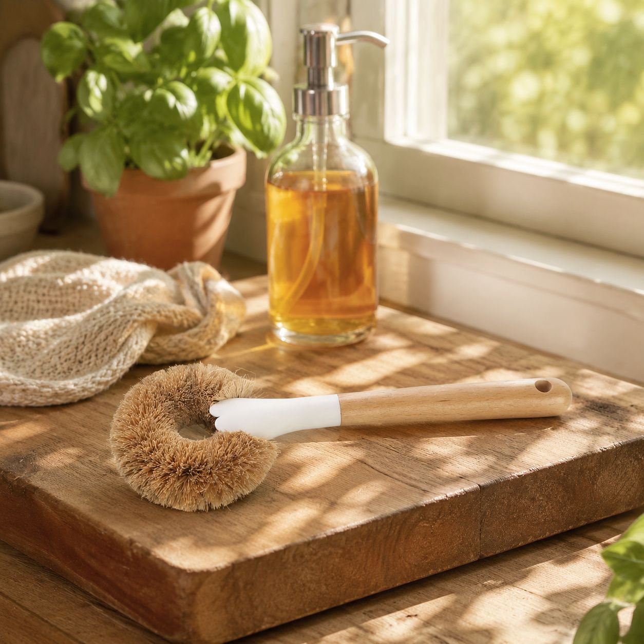 Durable coconut fiber cleaning brush with ergonomic handle