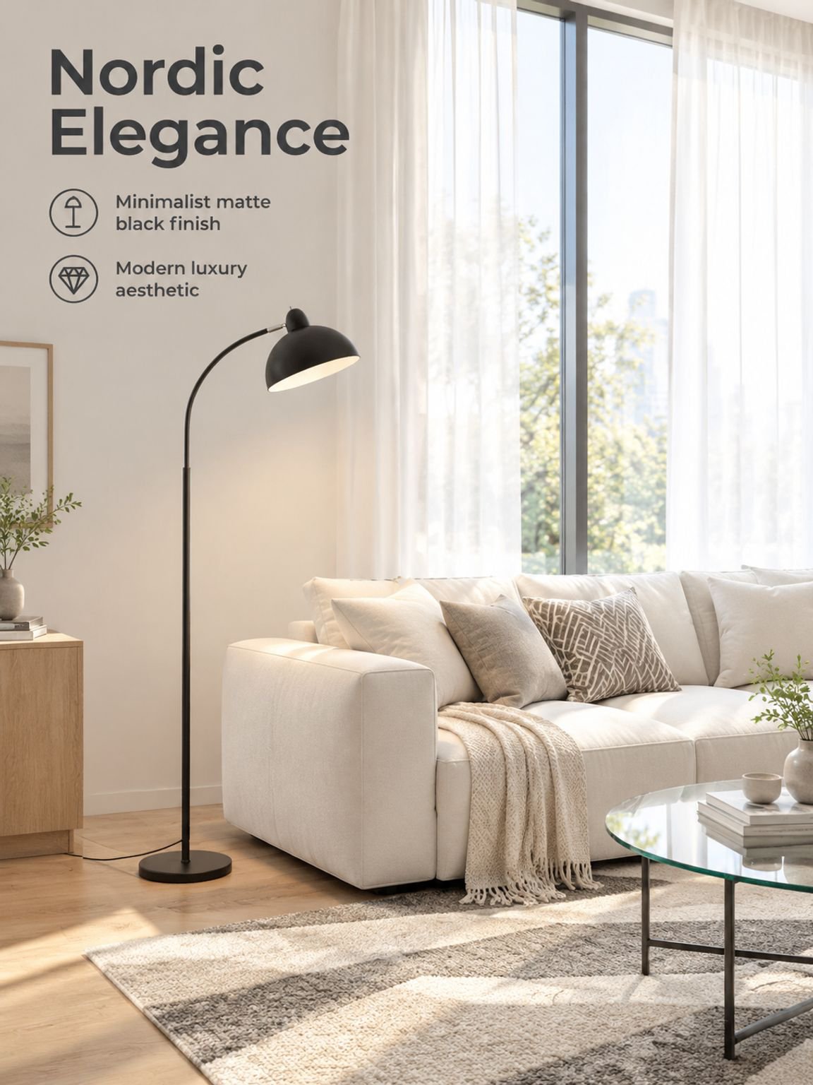 Decorative LED floor lamp placed beside an armchair