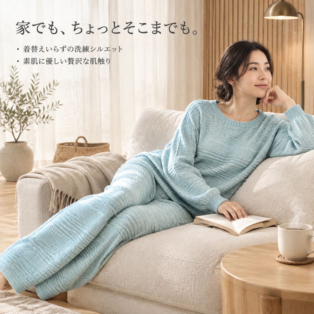 レディース 秋冬 リブニット セットアップ 長袖トップス ワイドパンツ 2点セット カジュアル