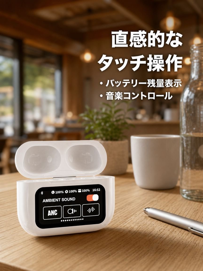 スマートカラーディスプレイ タッチコントロール ノイズキャンセリング Bluetoothイヤホン